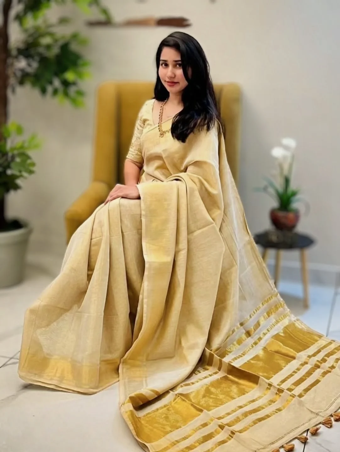 Golden Yellow Tissue Silk Plain Golden Zari Woven Saree